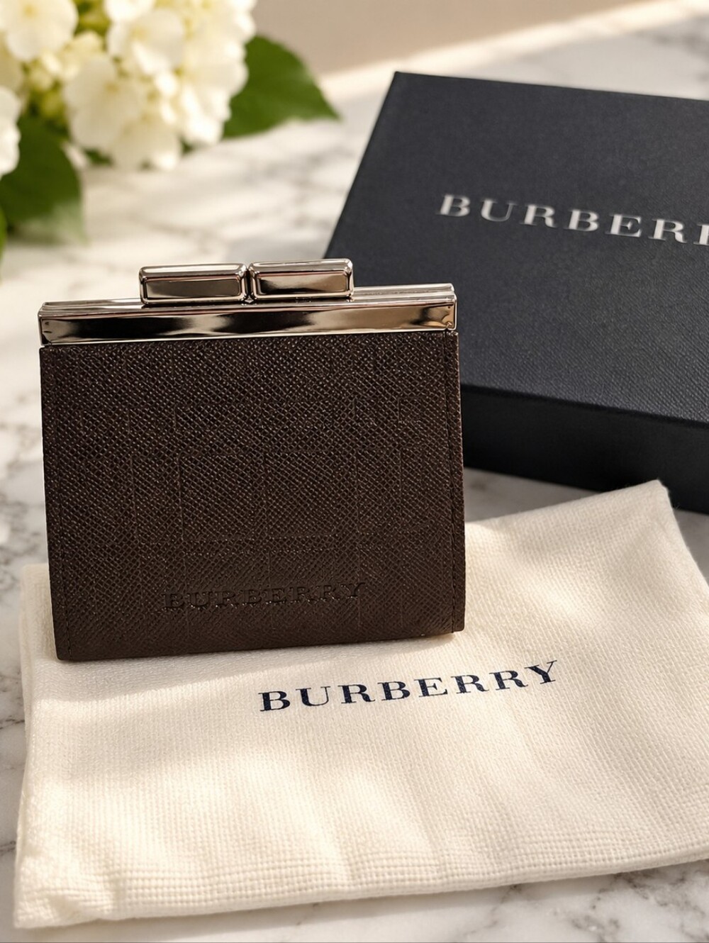 Burberry Vintage Brown Embossed Check Leather Kisslock Coin Purse